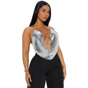 Luxe Rhinestone Chain Strap Halter Top – Black Satin Glam Partywear-Sz LARGE